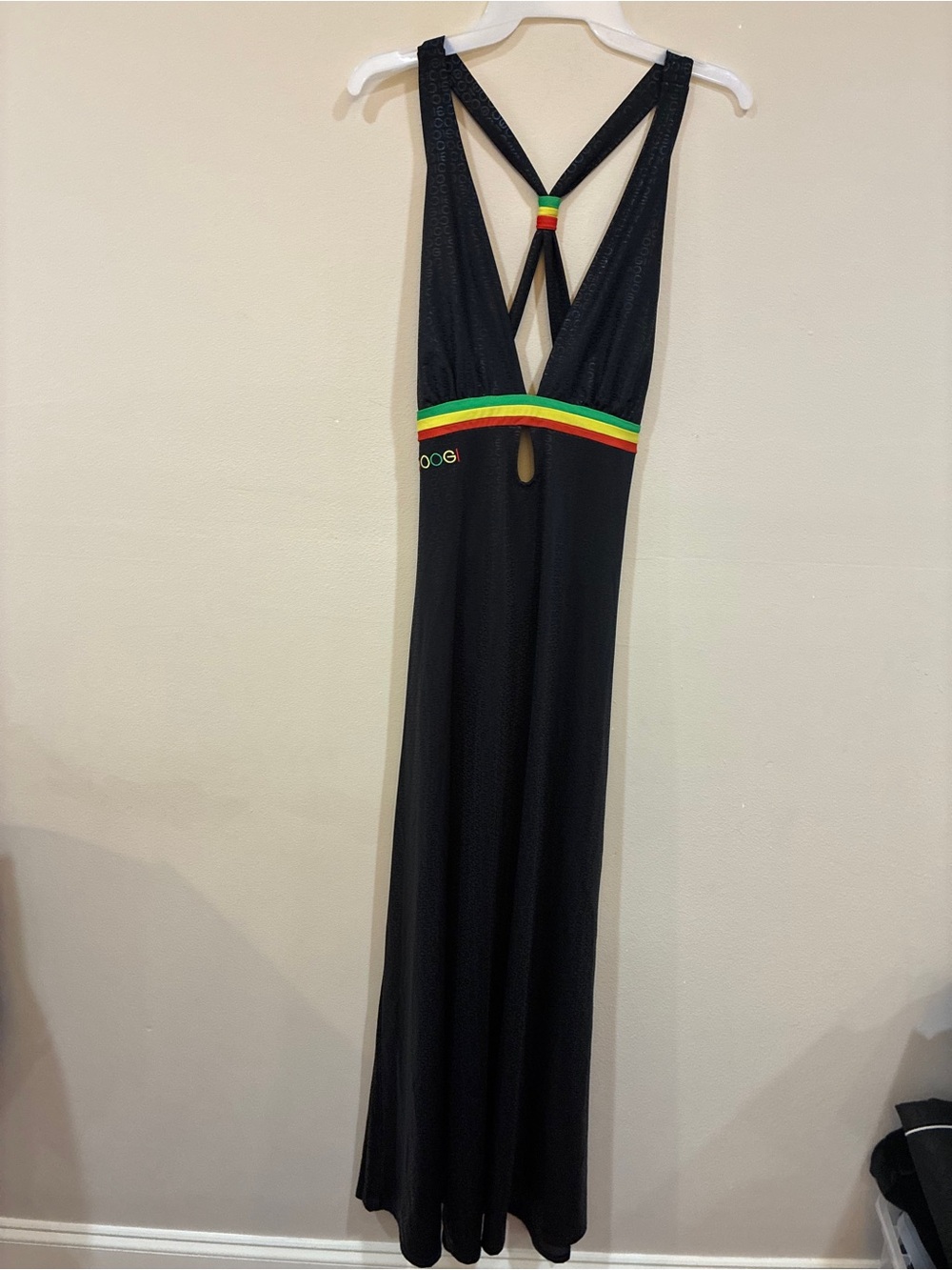 COOGI Black Maxi Dress with Red Yellow Green Stripe Detail